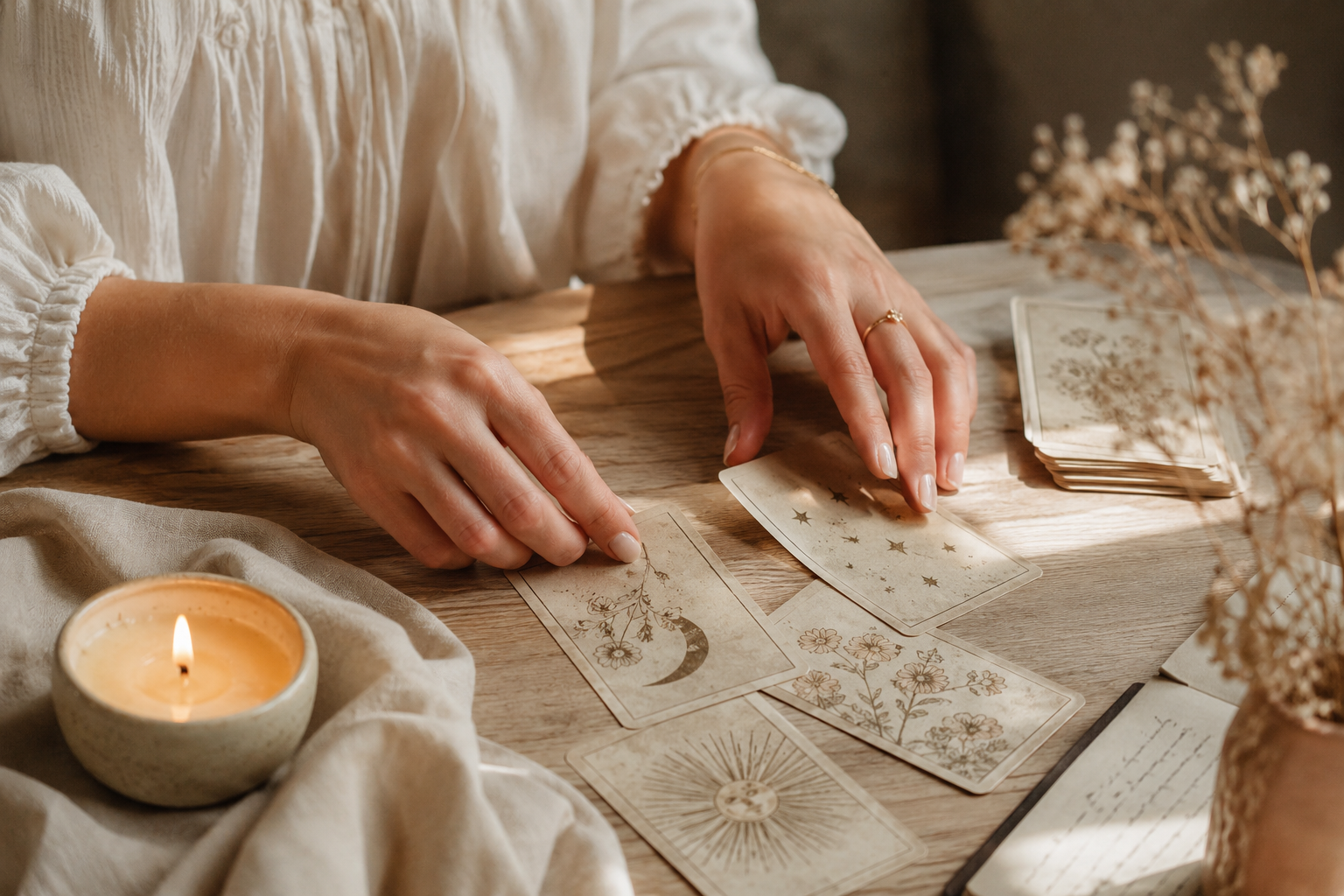 Cartes d'oracle disposées à la main sur une table en bois clair, lumière douce